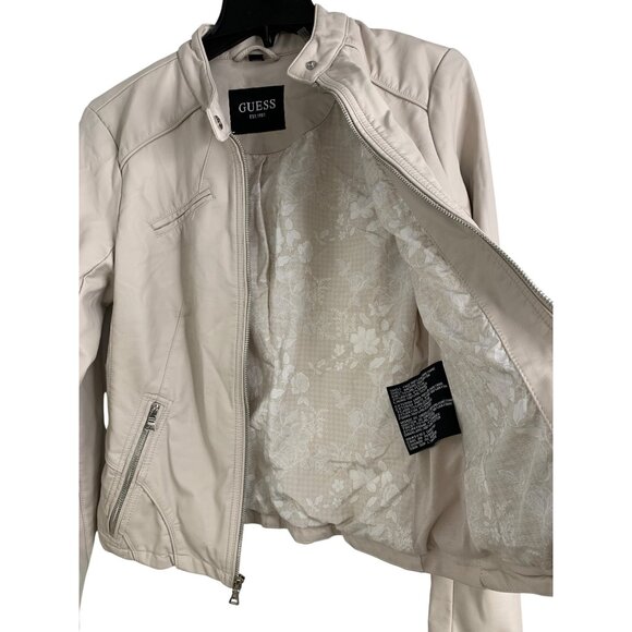VTG Guess Cream Faux Leather Biker Jacket W/ Zip Cuffs RH10188 Sz S - Picture 9 of 13
